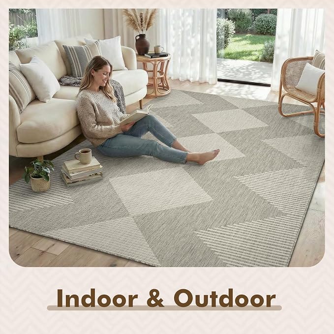 MontVoo-Outdoor Rug-Patio Rug 9x12 Polypropylene Indoor Outdoor Rugs Outdoor Carpet for Patio Deck Balcony Porch, Textured Weave, Durable for High Traffic, Fade-Resistant, Boho Geometric Silver Grey