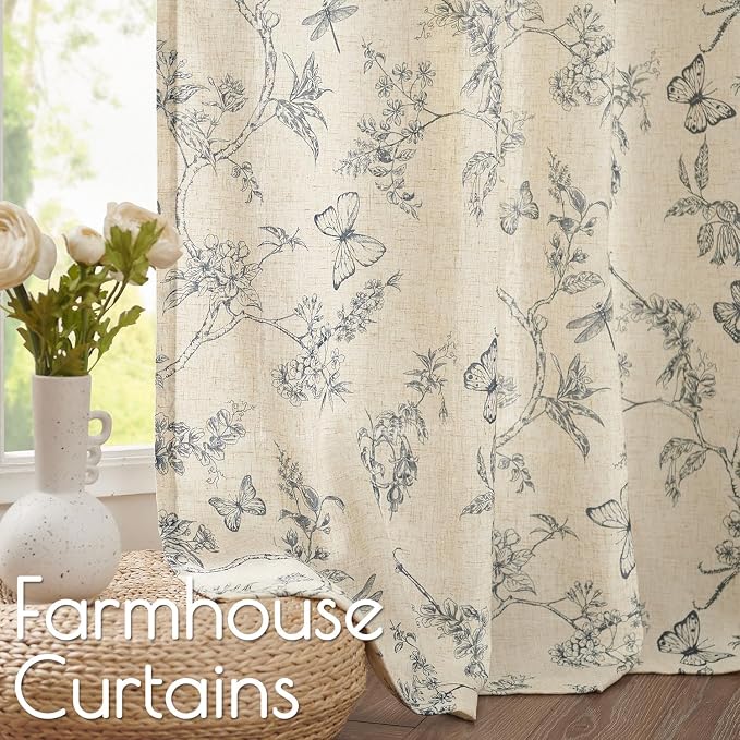 Lazzzy Charlotte Blue Floral Linen Farmhouse Curtains 96 Inches Long Back Tab Drapes for Living Room Bedroom Light Filtering Country Vintage Rod Pocket Curtains,2 Panels, Blue on Beige