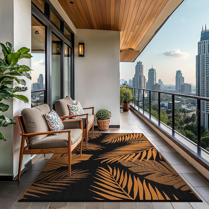 GENIMO Outdoor Rug, Waterproof Plastic Rugs for Patio, 6'x9' Orange Black | Outside Larger Leaf Carpet Mat for Porch Decor, Deck, Balcony, Camping, RV, Backyard, Picnic, Beach, Reversible, Foldable
