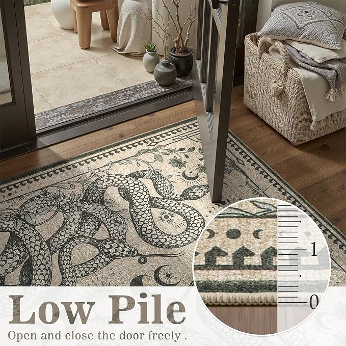 DCX Washable 2x3 Snake Rug, Beige Gothic Rug for Living Room, Soft Low Pile Carpet, Kid & Pet Friendly with Rubber Back Non Slip, Stain Resistant Rug for Bedroom Dining Room Office