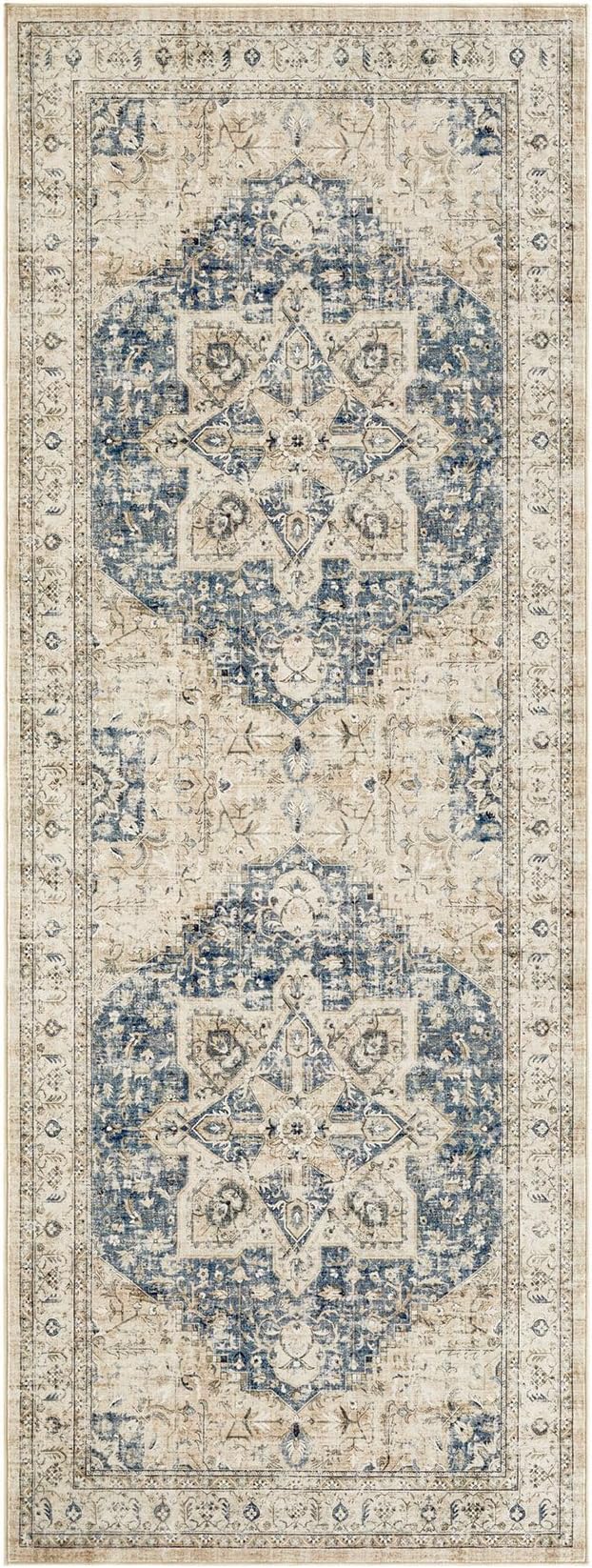 Tortania Area Rug 3x8 Runner Rugs - Washable Vintage Oriental Farmhouse Thin Indoor Carpet for Living Room Bedroom Hallway Entryway Kitchen Under Dining Table Home Office - Cream/Blue