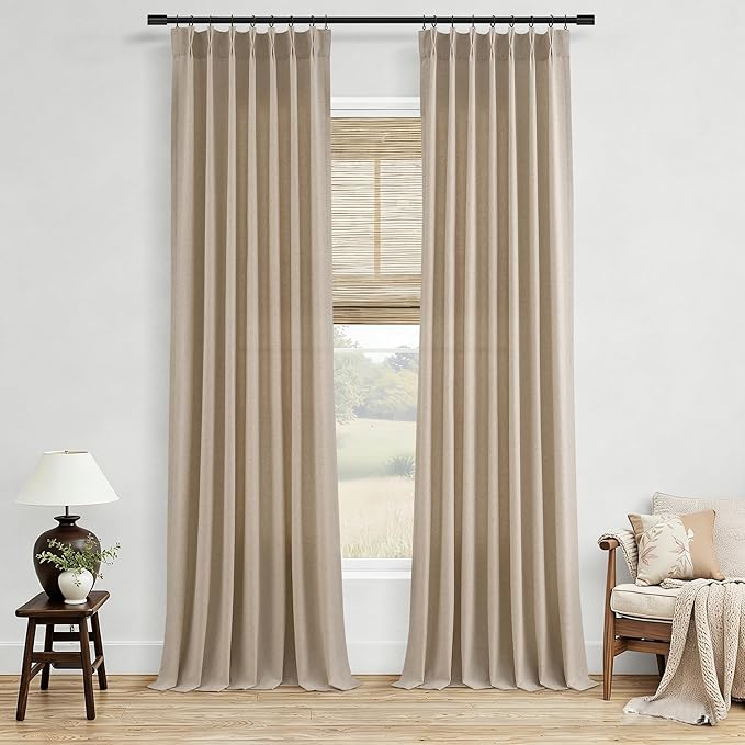 Eggshell Beige Pinch Pleated Linen Curtains 84 Inch Length 2 Panels for Living Room Bedroom Semi Sheer Light Filtering Boho Neutral Back Tab Pinch Pleat Hooks Rings Window Curtain 84 Inches Long