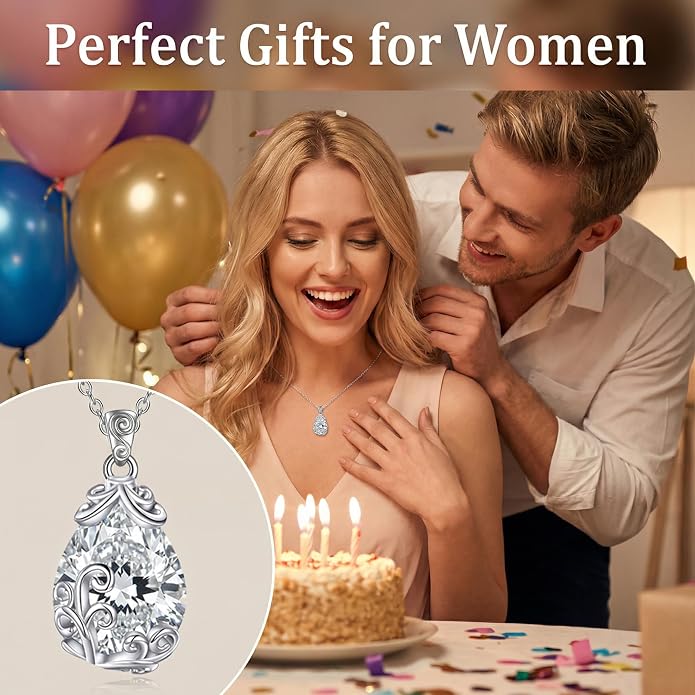 POPLYKE Sterling Silver Gemstone Teardrop Pendant Necklace Crystal Jewelry for Women