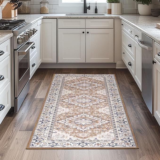 Lessymo Runner Rug for Hallway, Machine Washable Area Rugs Boho Faux Wool Low Pile Area Rug for Bedroom, Floral Medallion Vintage Rugs with Non-Slip Rubber, Brown Beige