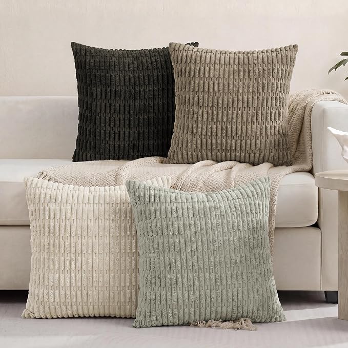 Softalker Throw Pillow Covers 20x20 Inch, Set of 4, Corduroy Soft Striped Farmhouse Boho Pillow Cover, Modern Decorative Cushion Pillow Case for Couch Sofa Bedroom Living Room, Grey/Brown