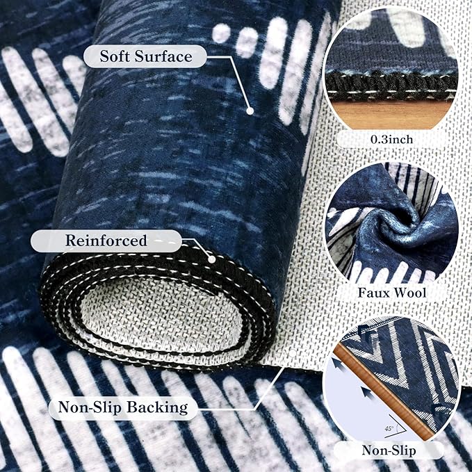 Boho Runner Rugs for Hallway 2x6ft Non Slip, Navy Blue Washable Kitchen Rug Runner, Soft Moroccan Low Pile Geometric Farmhouse Laundry Floor Carpet for Entryway Bedroom Bathroom