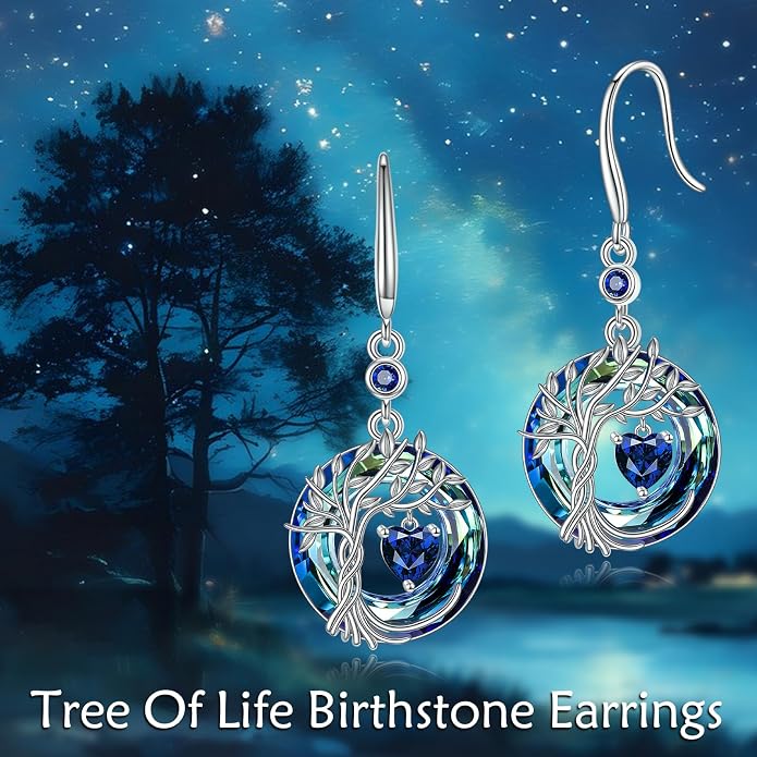 POPLYKE Tree of Life Birthstone Earrings 925 Sterling Silver Dainty Gemstone Birthstone Dangle Drop Earring with Crystal Fine Jewelry Birthday Gifts for Women Her