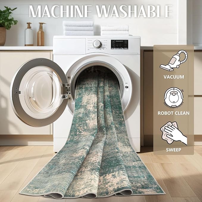 Abstract 10x12 Area Rug: Machine Washable Non Slip Ultra Thin Low-Pile Carpet, Soft Stain Resistant for Living Dining Room Bedroom, Kid Pet Friendly, Robot Vacuum Compatible - Dark Green/Beige