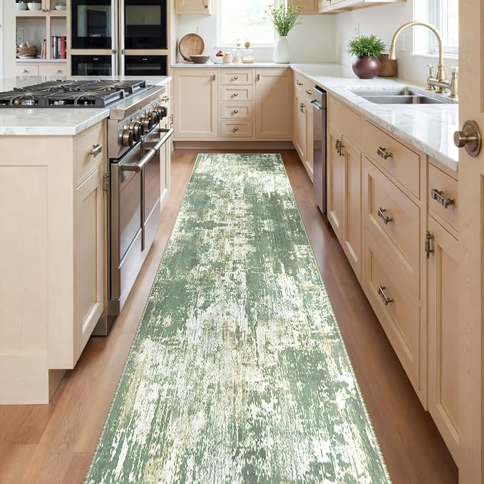 RELEANY Washable Area Rugs 2'x8' Non-Slip Modern Abstract Soft for Living Room Entryway Bedroom Kitchen, Print Pattern, Light Green/Yellow
