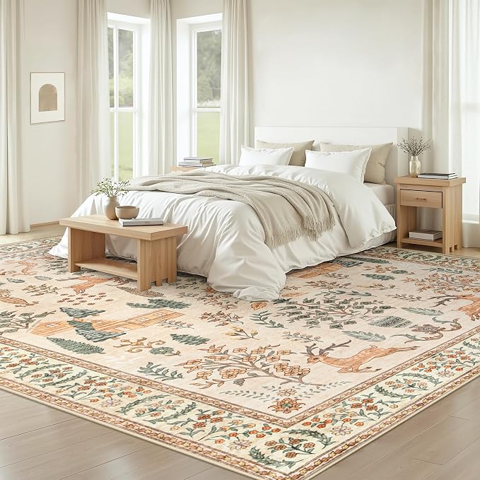 Living Room Rugs 9x12: Washable Boho Rug Farmhouse Non Slip Stain Resistant Large Rug Low Pile Soft Carpet for Bedroom Dining Room Children Room (Cream Animal,9'x12')