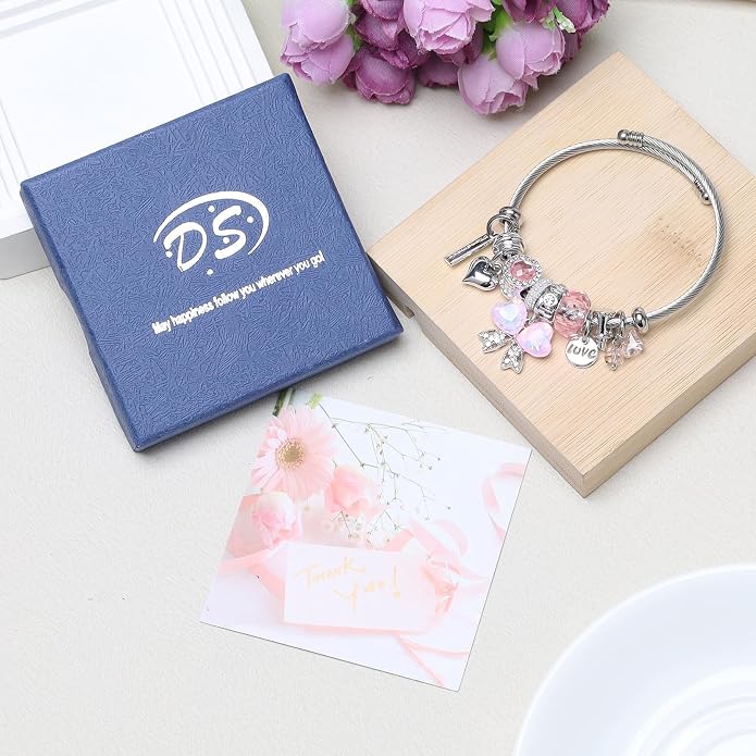 DS Charm Bracelets for girls,exquisite cute cartoon friendship bracelets Silver Stainless Steel Bangle with birthday Gift box, Adjustable girls jewelry Suitable for holiday gifts
