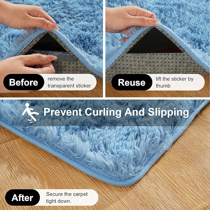 Blue Rugs for Bedroom, 2x3 Fluffy Area Rugs for Living Room, Small Fuzzy Shag Soft Carpet with 4 Non-Slip Adhesive Strips for Kids Boys and Girls Nursery Dorm Room Home Decor (2ft X 3ft, Blue)