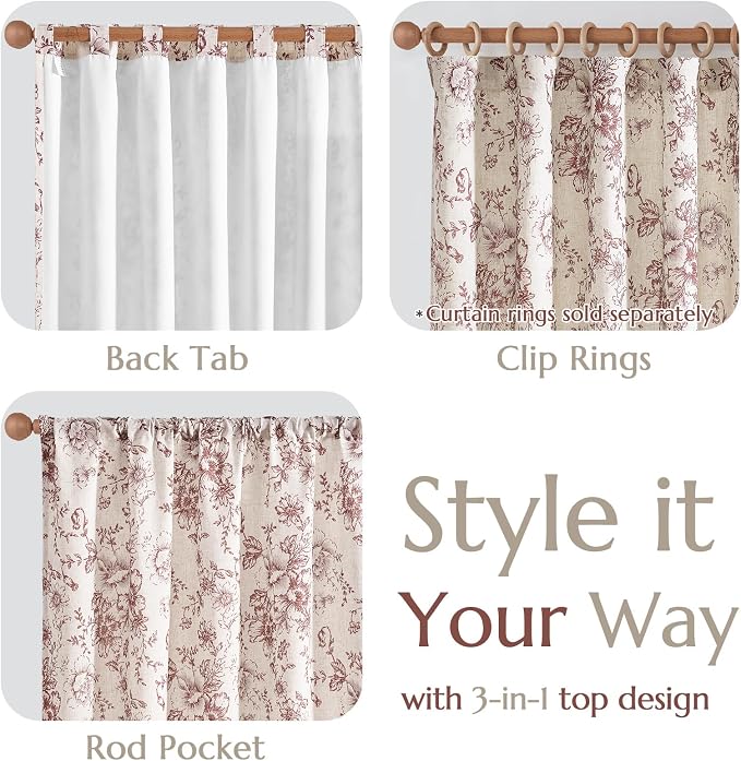 jinchan Floral Linen Curtains Lined 108 Inch Farmhouse Back Tab 2 Panels | Privacy lining, light filtering drapes, vintage, cottagecore, french country, rustic, bedroom, living room, window treatment