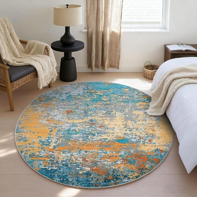 ROYHOME Modern Abstract 8x8 Round Area Rug Non Slip Non Shedding Rug Low Pile Stain Resistant for Bedroom Living Room Office Dining Room,Multi Color