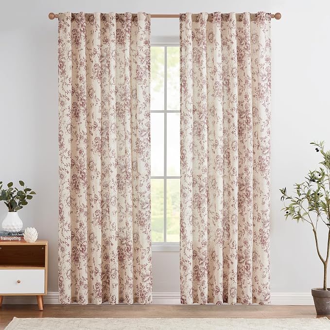 jinchan Red Floral Linen Curtains 84 Inch Farmhouse Back Tab 2 Panels | Light filtering drapes, semi sheer, farmhouse, cottagecore, rustic, living room, bedroom, rod pocket, window treatment