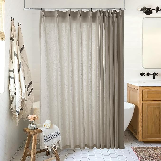 72 Inch Linen Pleated Shower Curtain Burlywood Birch Semi Sheer | Taupe, Boho Farmhouse Country, Textured Fabric, Bath Decor, Curtain 72x72, with Hooks, Washable Shower Curtains, for Bathroom