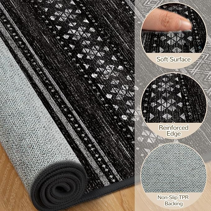 BESTSWEETIE 2x10 Area Rugs for Living Room Washable Moroccan Farmhouse Neutral Geometric Low Pile Non-Slip Soft Print Pattern Rug for Bedroom Kitchen Dining Room Entryway Black/White
