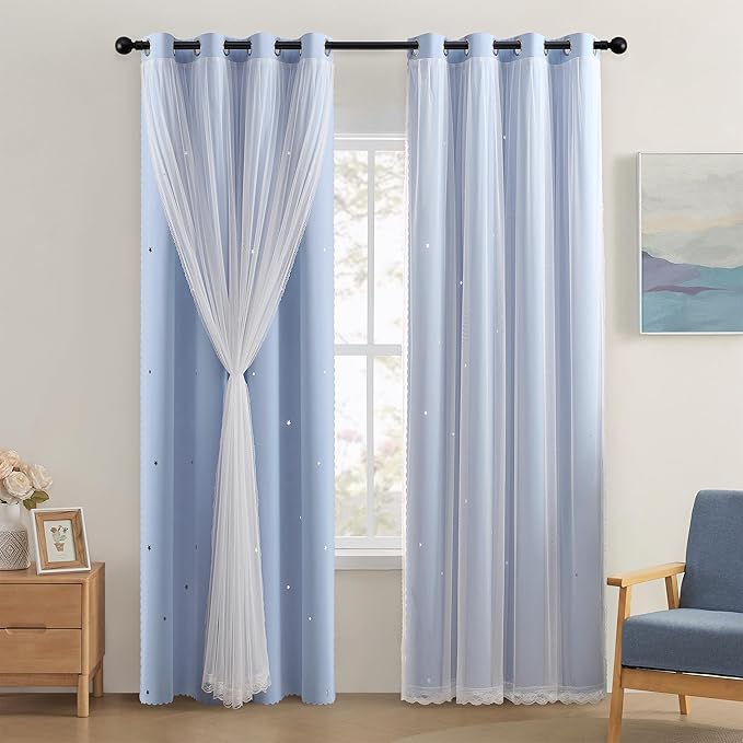 XiDi Sky Blue Blackout Curtains for Girls Bedroom Living Room 72 Inches Long 2 Panels Star Curtains Boys Kids Room Darkening Thermal Insulated Drapes Grommet Noise Reduction Window Treatments 52x72