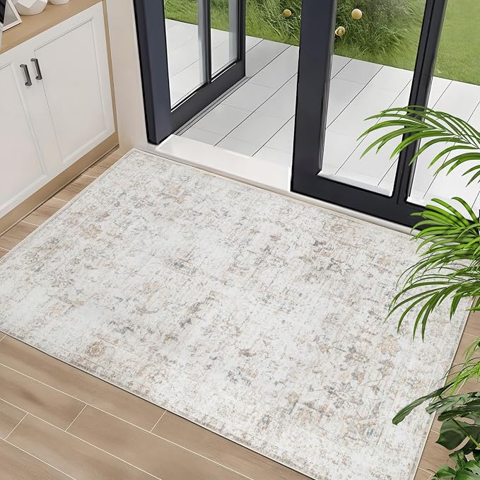 Washable 2×3 Area Rug for Entryway Indoor, Vintage Floral Small Area Rug Soft Non Slip Stain Resistant Boho Carpet for Front Door Dinning Room Kitchen Bedroom Beige