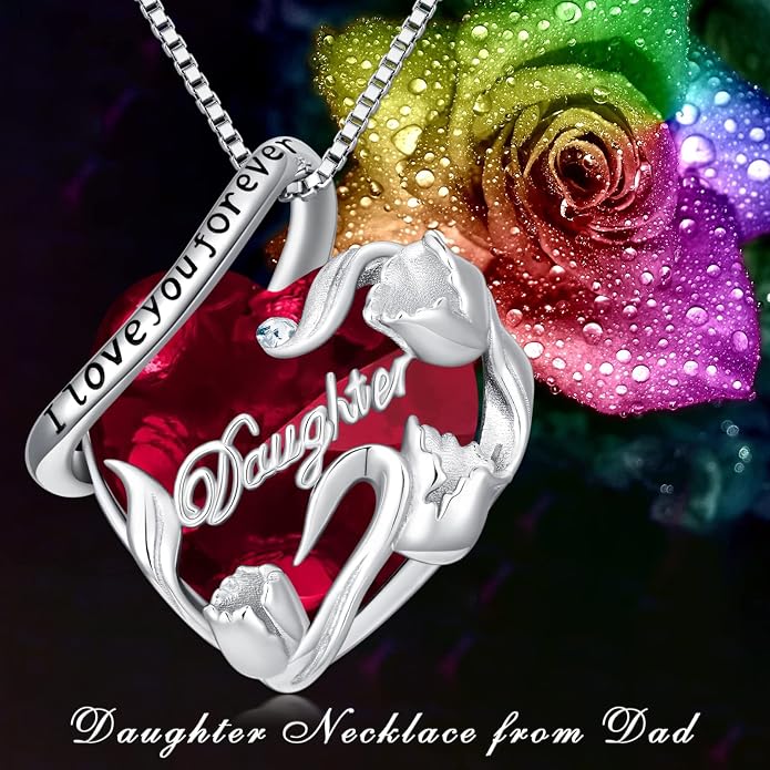 PROESS S925 Sterling Silver Daughter Heart Pendant Necklace from Dad Mom I Love You Forever Jewelry