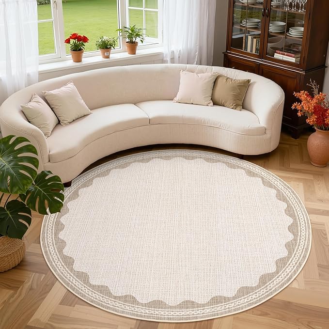 GarveeHome Scalloped Beige 5ft Round Rug Washable Non-Slip Soft Ultra-Thin Small Circle Modern Cottage Core Solid Carpet for Entryway Kitchen Bedroom Nursery Dining Room