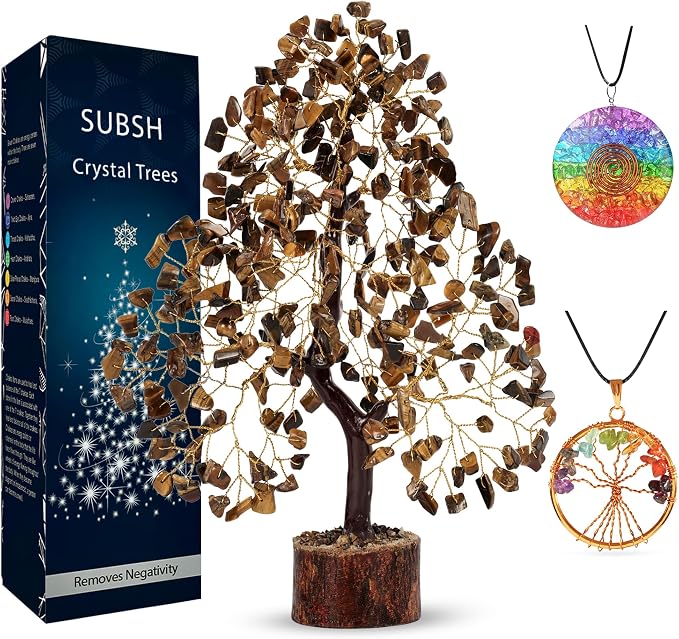 Tiger Eye Gemstone Tree, Crystal Tree, Home Decor, Birthday Gifts for Women, Office Desk Decor, Bonsai Trees for Positive Energy, Crystals & Healing Stones Fake Plants, Office Desk Accessories 10-12"
