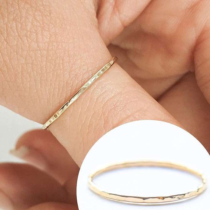 Ellie J Maui Hammered Ring, 1mm Thin Stacking Rings, Minimalist Rings for Women, 14K Gold Filled Rings for Teen Girls Midi Knuckle Pinky Finger Jewerly (Size 3-11)