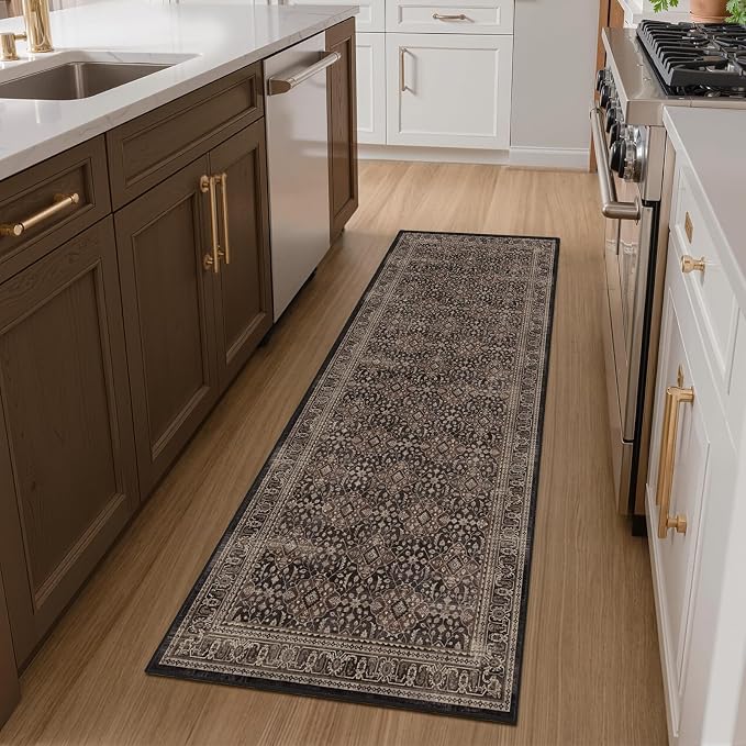 Washable Hallway Runner Rug 2x6, Vintage Farmhouse Kitchen Runner Rug Non Slip, Moroccan Floral Trellis Carpet Runners for Bathroom/Bedroom Bedside/Entryway/Laundry Room, Dark Wood Brown Black