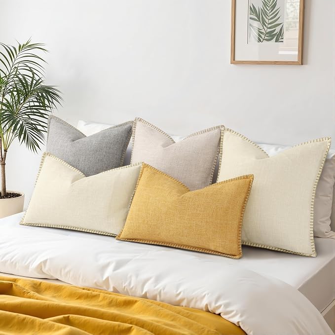 decorUhome Cream Faux Linen Outdoor Throw Pillow Covers 18x18 Set of 2 | Fall Decorative Textured Neutral Modern Farmhouse Pillow Covers with Stitched Edge for Couch Sofa Bed Living Room