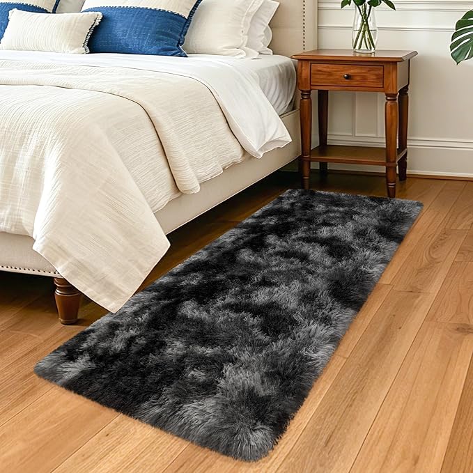 2x5 Feet Tie-Dye Black Grey Runner Rug for Bedroom Bedside, Soft Fluffy Shag Carpet Runner for Hallway, Machine Washable Rug for Living Room, Kids Room Boys, Dorm, Nursery, Home Decor