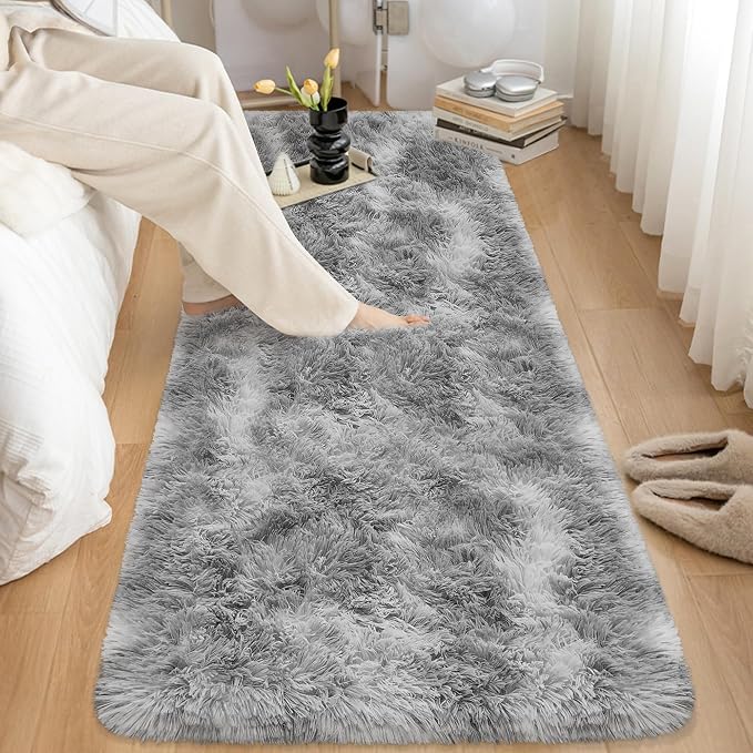 2x6 Grey Runner Rug for Bedroom, Soft Fluffy Runner Area Rug for Living Room Plush Gray Bedroom Rug Fuzzy Shaggy Carpet for Kids Room Dorm Nursery with Non-Slip Bottom