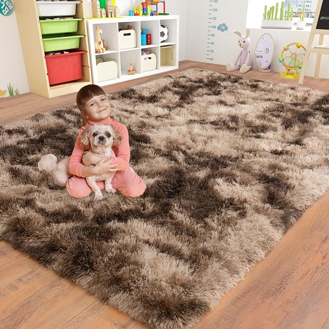 Dssimo Brown Rug for Bedroom Living Room, 5x7 Soft Shaggy Area Rugs | Large Plush Furry Non-Slip Brown and Cream Rug for Nursery Kids Room Dorm Room Home Decor, Indoor Plush Floor Carpet