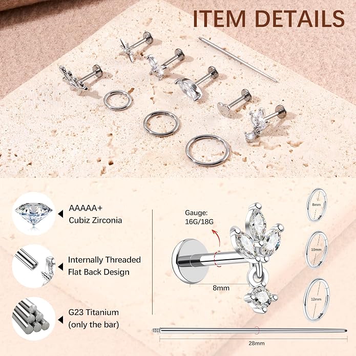 G23 Titanium 10Pcs 16G/18G Stud Earrings Flat Back Tragus Cartilage Earrings Rings Hoops CZ Butterfly Flower Leafage Heart Stud Labret Conch Helix Piercing Jewelry Set