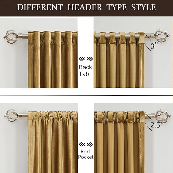 Gold Blackout Velvet Curtains 108 inch for Living Room,Full Blackout Elegant 2 Panels Back Tab Thermal Insulated Room Darkening Liner Curtain Heavy Noice Reducing Soundproof Window Drapes for Bedroom