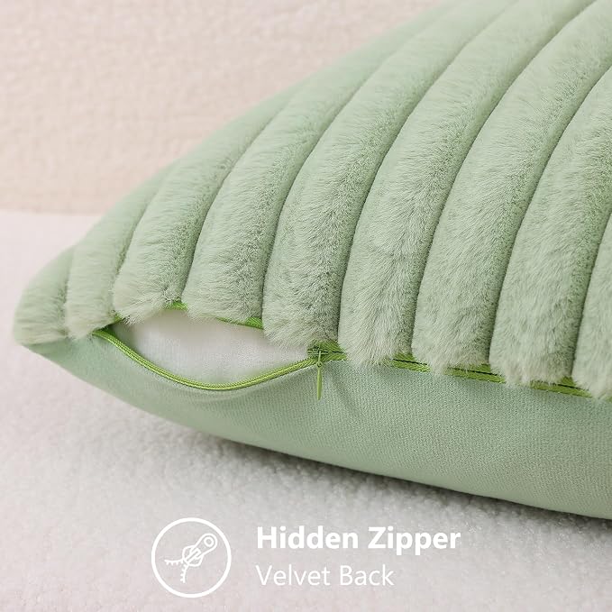 decorUhome Fall Faux Fur Throw Pillow Covers 20x20 Set of 2 Sage Green | Decorative Soft Cozy Striped Plush Modern Farmhouse Boho Couch Pillow Cases Velvet Back for Sofa Bed Living Room Home Decor