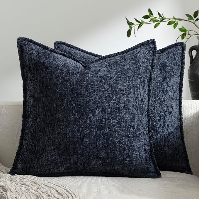 DEZENE Pack of 2 Navy Decorative Throw Pillow Covers 16x16 Cozy Soft Chenille Accent Vintage Square Couch Pillow Covers for Home Decor Bed Sofa Living Room