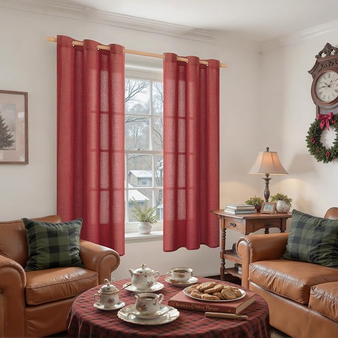 YoungsTex Burgundy Red Linen Curtains 63 Inch Length for Living Room, Light Filtering Window Drapes with Bronze Grommet Semi Sheer Privacy for Bedroom, 42 x 63 Inch, 2 Panels