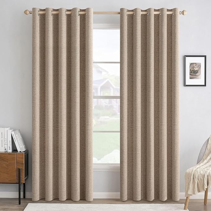 MIULEE 100% Blackout Linen Textured Curtains for Bedroom Solid Thermal Insulated Copper Brown Grommet Room Darkening Curtains & Drapes Luxury Decor for Living Room 62 x 90 Inch (2 Panels)