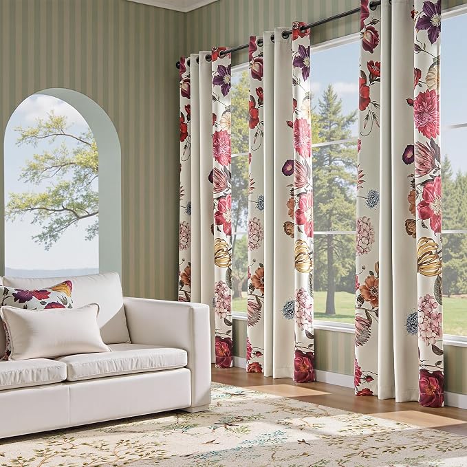 jinchan Beige Floral Blackout Curtains 96 Inch Vintage Grommet 2 Panels | Room darkening, privacy, vibrant flower print, retro boho bohemian drapes, bedroom, living room, fall decor, window treatment
