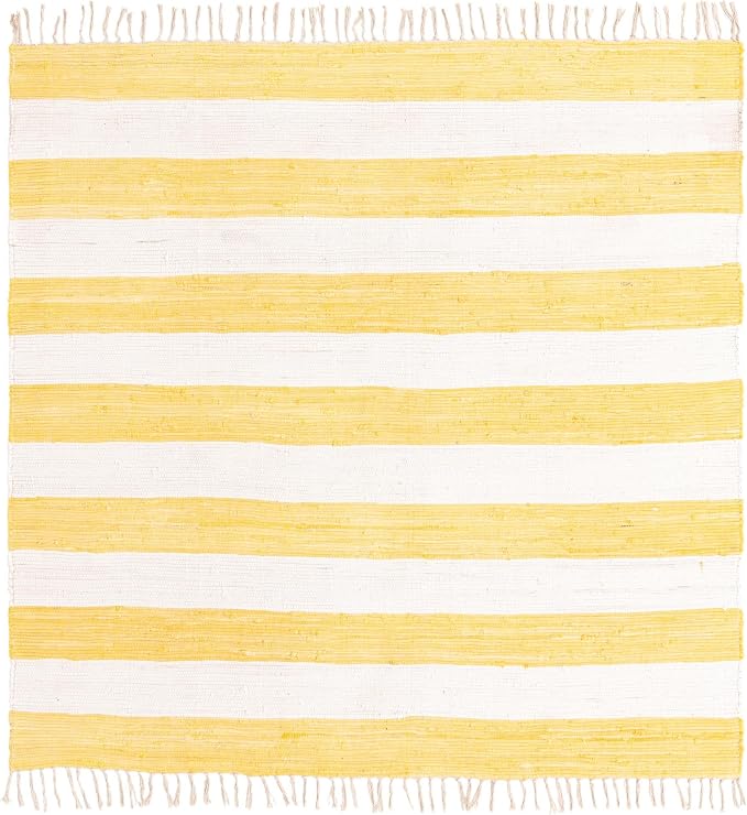 Unique Loom Chindi Rag Collection Area Rug - Striped (7' 10" Square, Yellow and Ivory)