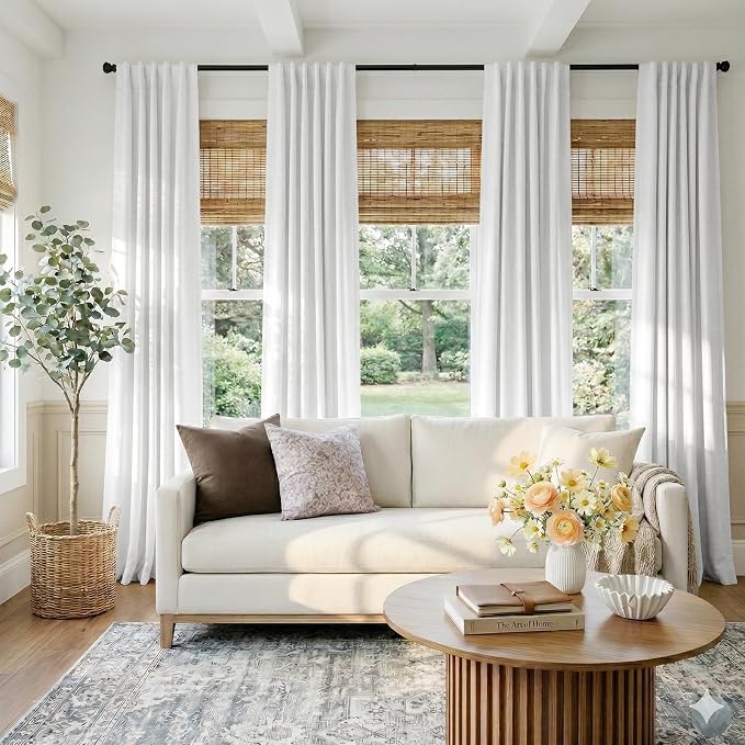 100% Blackout Shield White Linen Blackout Curtains for Bedroom 84 Inches Long, Back Tab/Rod Pocket Living Room Drapes, Thermal Insulated Blackout Curtains 2 Panels Set, 50" W x 84" L,Blanc de Blanc