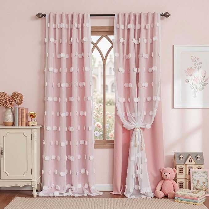 MYSKY HOME Pink Curtains for Living Room White Sheer Pom Pom Kids Bedroom Decor Drapes Double Layer Blackout Curtain for Sliding Door Back Tab Window Panels Set of 2, Blush Pink, 52" x 102"