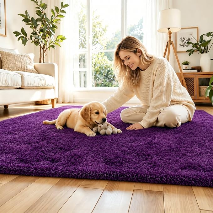 Area Rugs 10x14 Living Room, Shaggy Carpet Soft Plush Furry Bedside Rug Large Area Rugs for Bedroom Home Decor Anti Slip(10 x 14, Grape Purple)