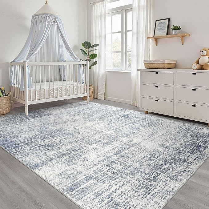 10x13 Area Rug Living Room: Washable Large Neutral Blue Rug Abstract Soft Modern Stain Resistant Indoor Floor Non-Slip Carpet for Bedroom Nursery Kids Office Playroom Dining Room Under Table Home