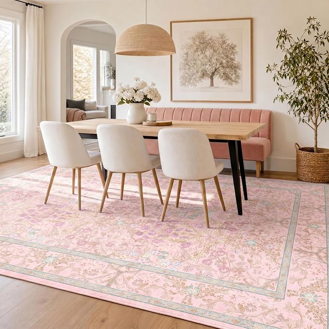 Light Pink Boho Area Rugs for Bedroom Aesthetic 8x10 - Washable Floral Farmhouse Large Rug for Living Room, Dining Room Under Table, Nursery - Soft Cottage Core Carpet with Low Pile & Non Slip