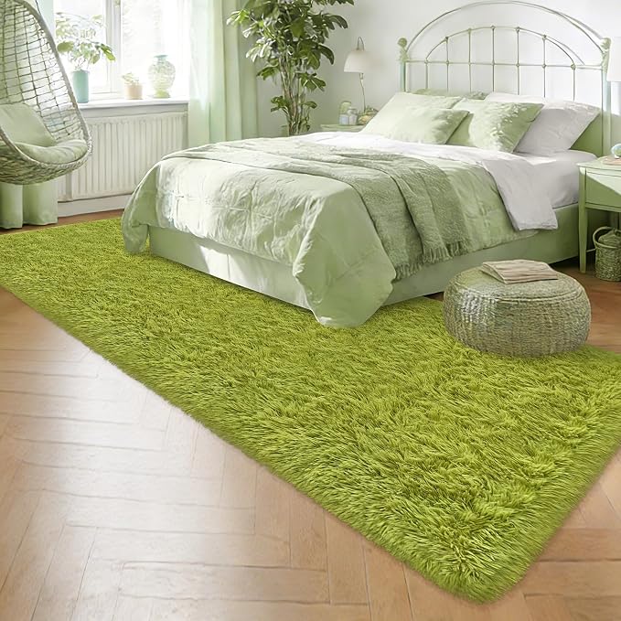 Soft Grass Green Fluffy Rug for Bedroom Living Room, 3x10 ft Fuzzy Green Shag Rug Runner Carpet for Hallways Entryway Nursery Bedside Kids Room Teen Dorm Home Decor Indoor
