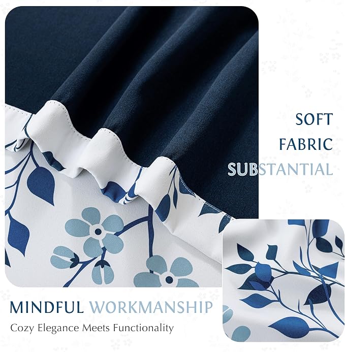 Beauoop Floral 100% Blackout Curtains for Bedroom Navy Blue 52X72 2 Panels | Flower Patterned Navy White Room Darkening Drapes for Living Room 72 Inch Long Thermal Soundproof Window treatment Rod Pocket