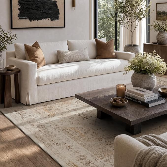 AMOAMI-Area Rug 9X12 Rugs for Living Room-Vintage Soft Beige Rugs for Bedroom-Non Slip Carpet-Washable Rug for Dining Room Living Room Bedroom Office Under Table