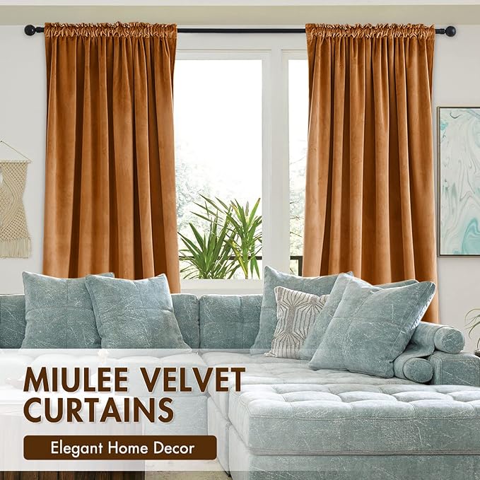 MIULEE Gold Brown Blackout Velvet Curtains Drapes 90 Inch Long 52"x90" | Luxurious Bedroom Living Room Decor, Room Darkening, Thermal Insulated, Rod Pocket Design, Super Soft Fabric