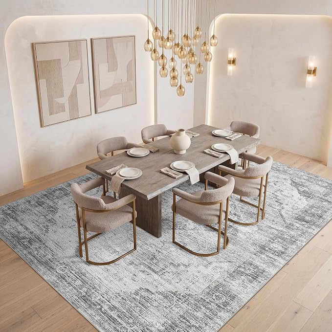 Garvee Grey 9x12 Area Rugs for Living Room, Boho Vintage Non-Slip Washable Rug Low Pile Stain Resistant Soft Foldable Large Carpet for Bedroom Dining Home Decor